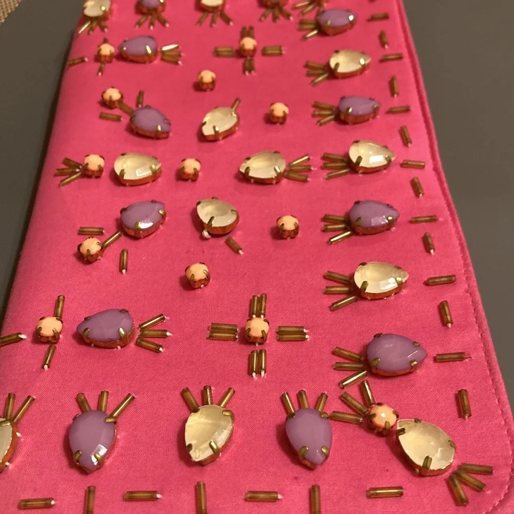 NWT Barbie pink cloth ornate clutch with convertible gold tone chain strap